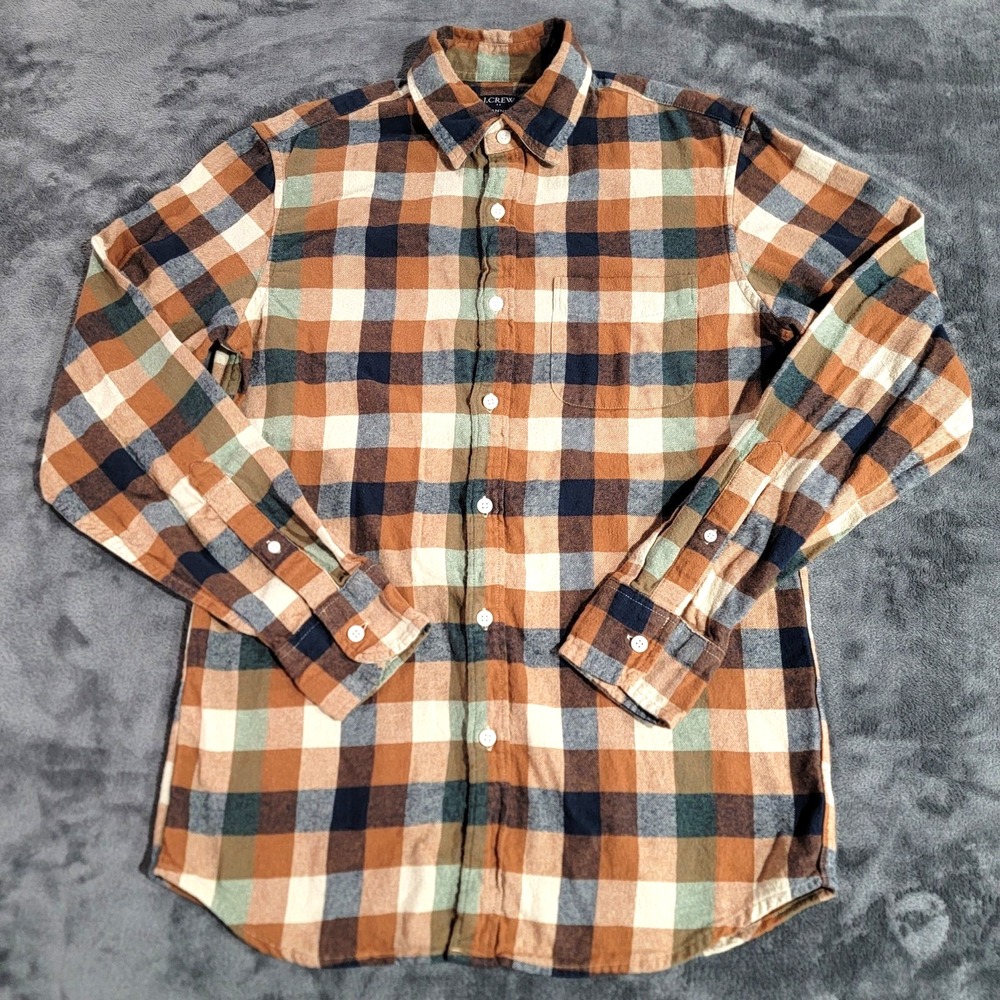 J.CREW Flannel Shirt Small Plaid Cotton Regular Fit Orange Brown Nature Gorpcore